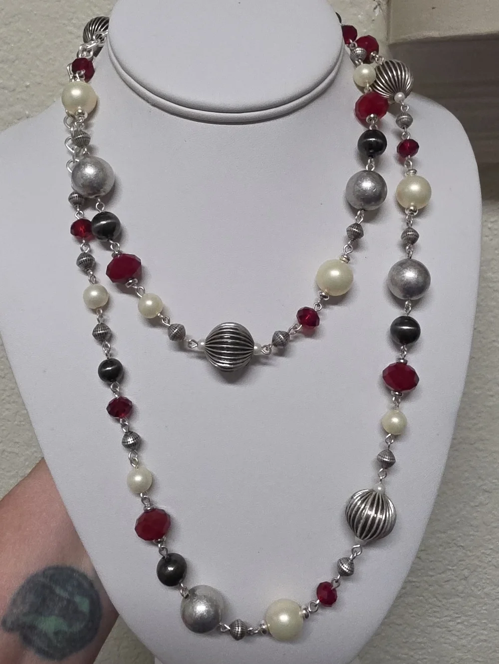 Vintage Premier Designs Station Necklace Hematite Red Glass Faux Pearl Silver